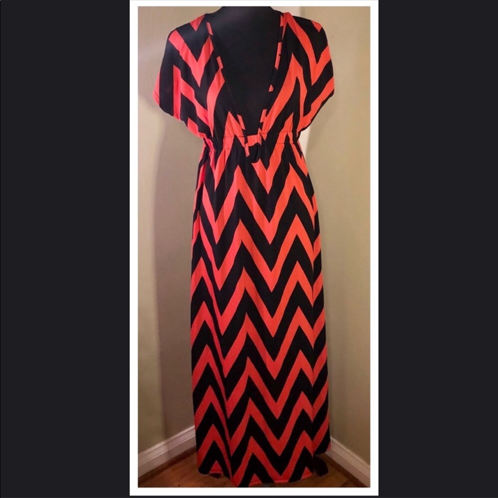 Black and pink chevron low cut maxi dress